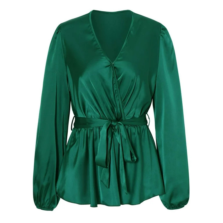 Fitted Wrap Womens Fall Tops Fashion Belted Ruched Hem Long Sleeve V Neck Shirt Casual Solid Colo... | Walmart (US)