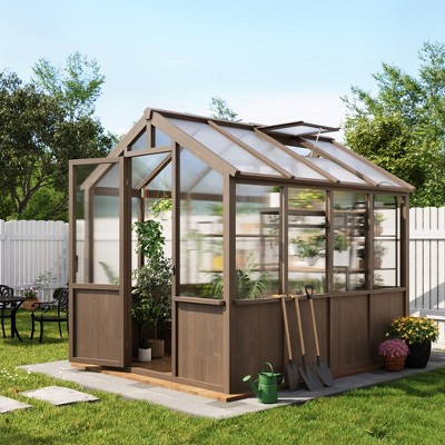 6x8 FT Greenhouse - Large Wooden Greenhouses for Outdoors, Spruce Frame Greenhouse w/ PC Panels, Adjustable Roof Vents & Lockable Door, Dark Brown | Target