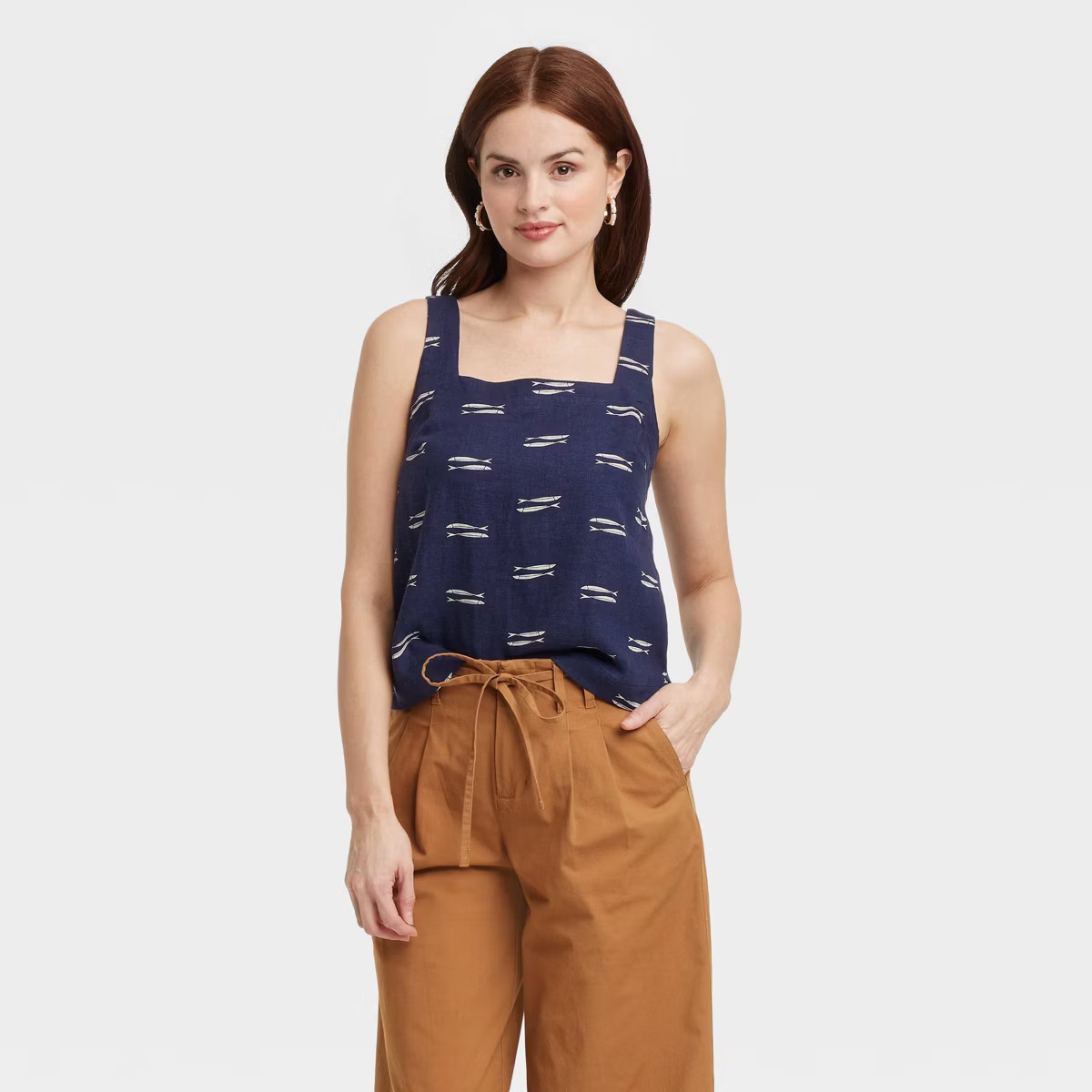 Women's Linen Tank Top - A New Day™ Green Striped L: Loose Fit, Squareneck, Sleeveless, Midweig... | Target