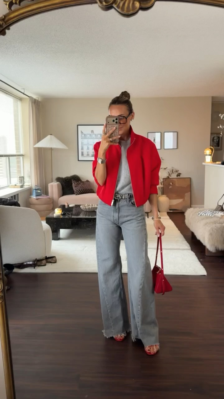 Loving the tonal grey with pops of red for this transitional outfit, we’ve been loving these twist jeans, I cut the hems because these were made for the tall girls!

#LTKTall #LTKSeasonal #LTKOver40