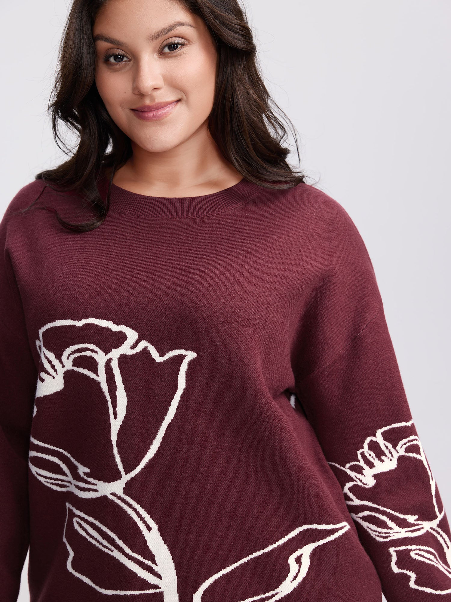Rose Pattern Jacquard Round Neck Pullover | Bloomchic