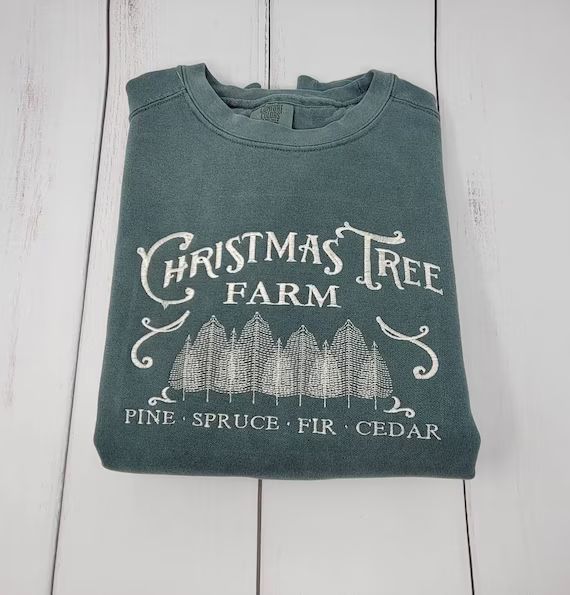 Vintage Christmas Tree Farm Comfort Colors Green Embroidered Crewneck Sweatshirt, Merry Christmas... | Etsy (US)