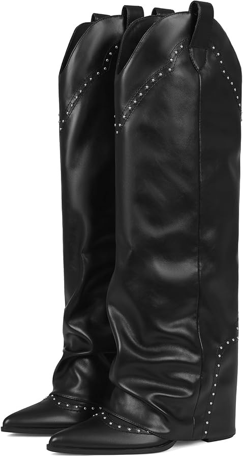 Women's Shark Studded Fold Over Knee High Boots Tall Pull-on Snip Toe Cowboy Cowgirl Slouch Boot ... | Amazon (US)