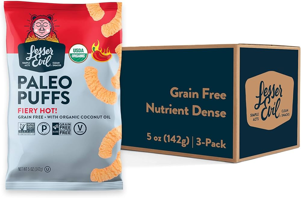 LesserEvil Fiery Hot Organic Paleo Puffs, Grain Free, Vegan, Minimally Processed, No Vegetable Oi... | Amazon (US)