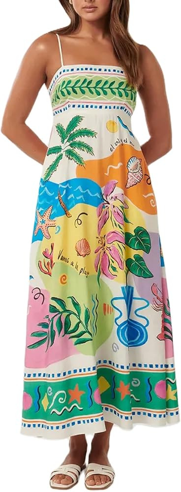 Women Cute Print Maxi Cami Dress Loose Sleeveless Spaghetti Strap Boho Dress Flowy Graffiti Long ... | Amazon (US)
