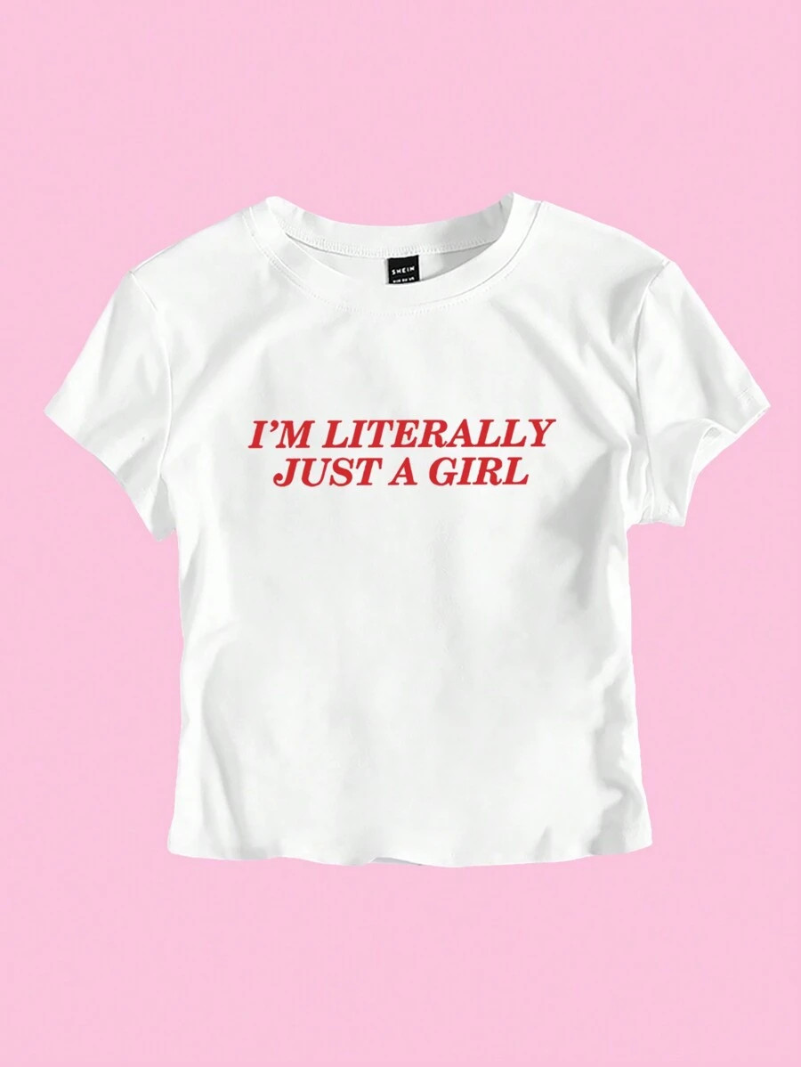 SHEIN MOOSTA Women's "I'm Literally Just A Girl" Cropped Slogan T-Shirt Graphic Tees Women Tops | SHEIN