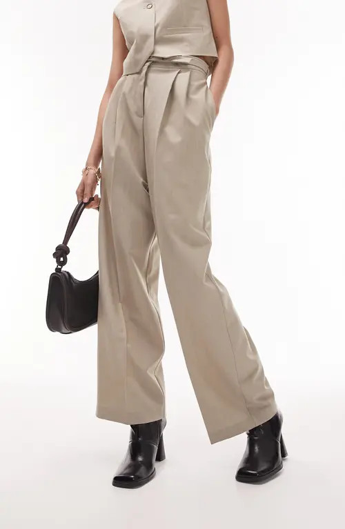 Topshop Pleated High Waist Wide Leg Trousers in Beige at Nordstrom, Size 6 Us | Nordstrom