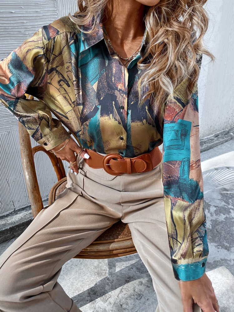 All Over Print Button Front Oversized Blouse | SHEIN