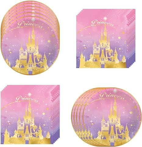 40 Piece Pink Princess Castle Party Supplies ,include 20 Plates, 20 Napkin ,Used for Pink Princes... | Amazon (US)