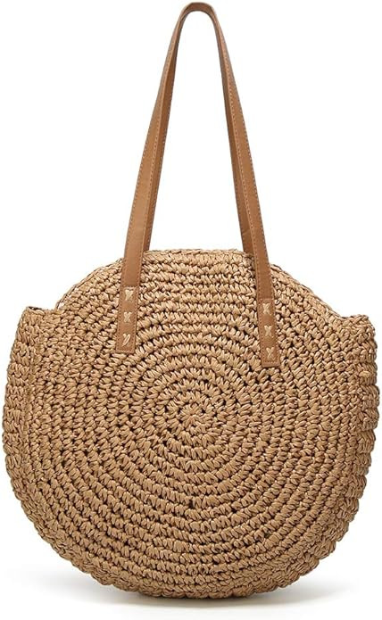 Women's Straw Handbags Large Summer Beach Tote Woven Round Pompom Handle Shoulder Bag | Amazon (US)