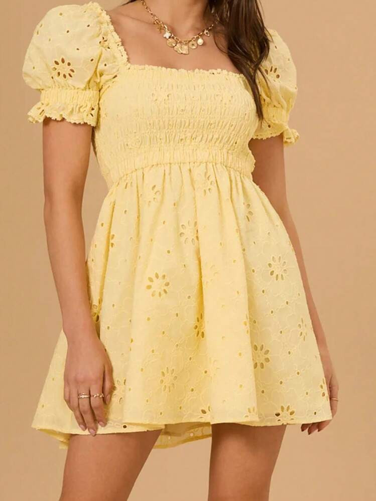 Women's Short Puff Sleeve Dress Solid Color Eyelet Shirred Bust Square Neck Mini A-Line Dress | SHEIN