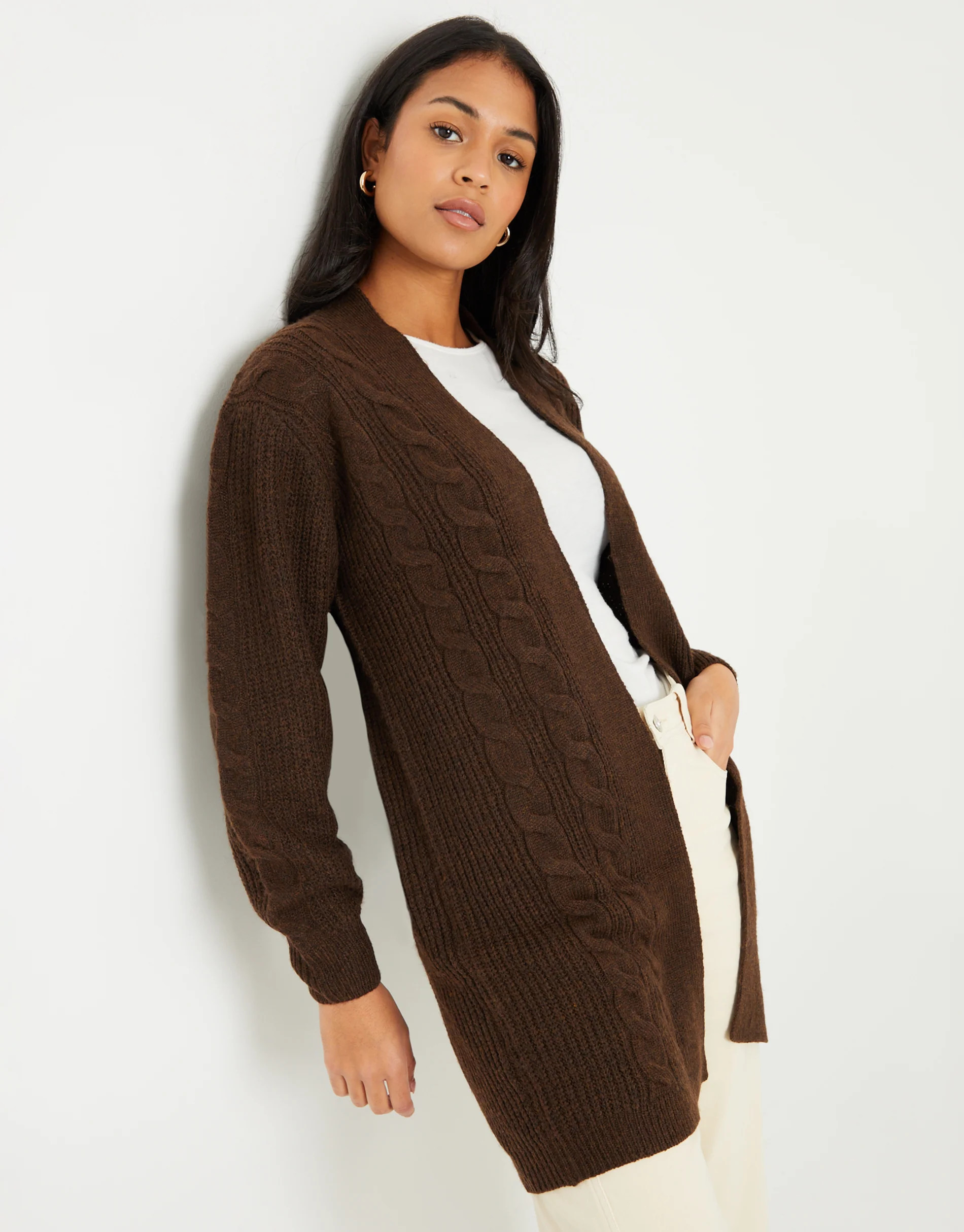 Chocolate Brown Cable Knit Cardigan | Threadbare