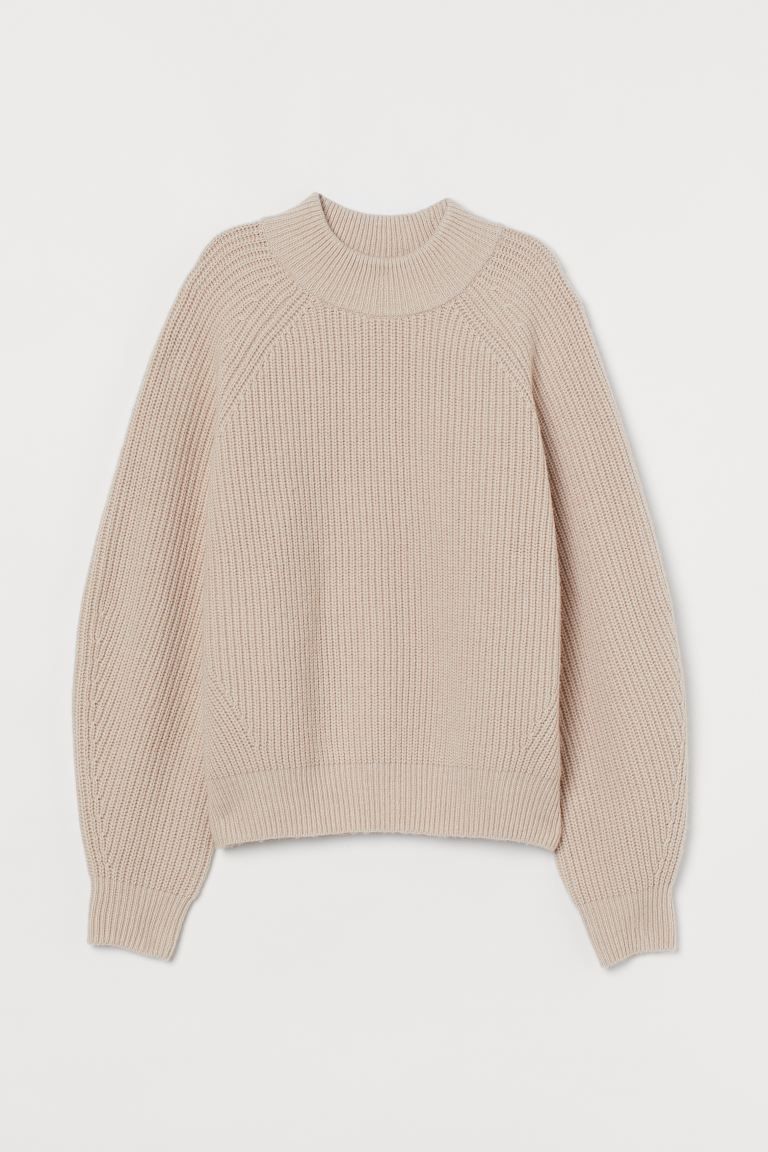 Soft, rib-knit sweater with wool content. Mock turtleneck, long, wide raglan sleeves with shaping... | H&M (US)