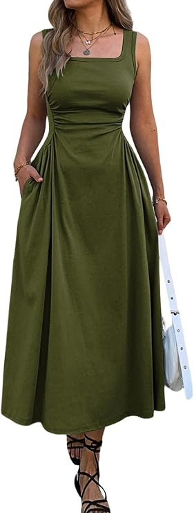 Mieazom Women's Square Neck Sleeveless Slim-Fit Maxi Dress Ruched Waist Corset Flowy Casual Summe... | Amazon (US)