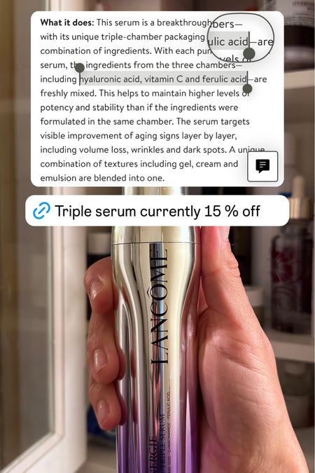 Lancome Triple serum is currently 15% off and here’s my advice: GET IT. This serum is the most complete and targets pigmentation, skin texture, hydration and anti aging.  

#LTKbeauty