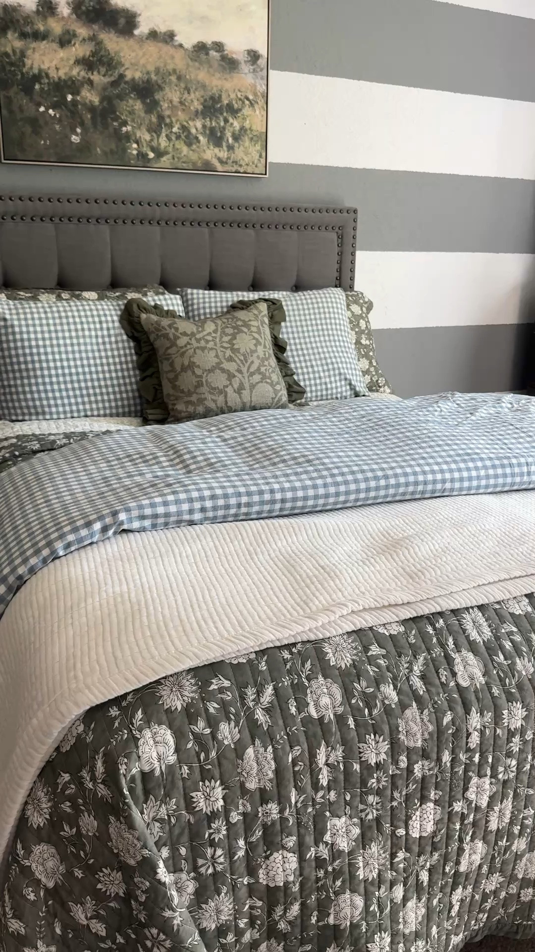 Gave my soon to be college graduate sons room a refresh by swapping out the bedding, curtains, and adding some simple decor. It feels strange to make this change, but he’s getting married right after college and this room needs to feel more intentional. Gingham duvet set, reversible floral quilt, ruffle pillow, custom pinch pleat gingham curtains, duvet insert