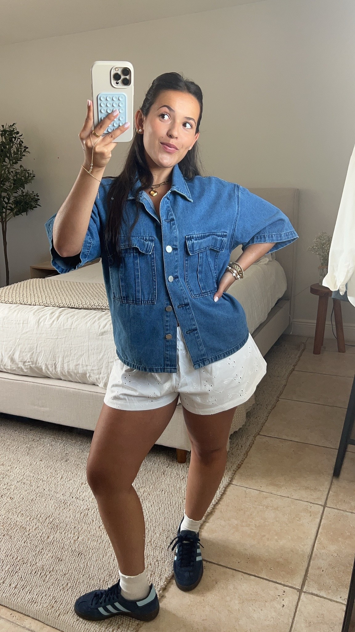 Casual outfit of the day, spring outfit, summer outfits, eyelit shorts, denim shirt, adidas spezials 

#LTKShoeCrush #LTKSeasonal #LTKxMadewell