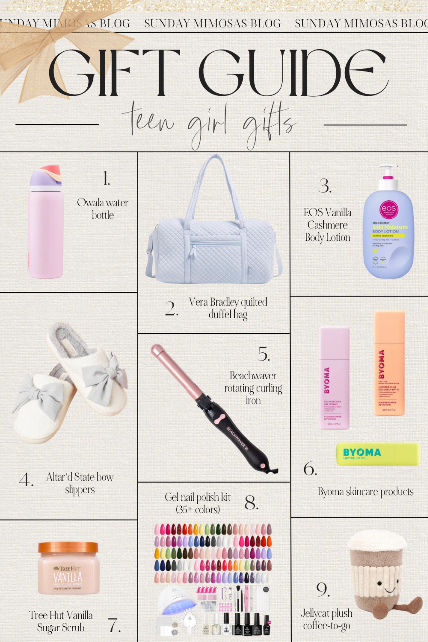 Teen girl gift guide! 💕 Here are the top teen girl gifts for Christmas 2024 ✨

1. Owala water bottle
2. Vera Bradley quilted duffel bag
3. EOS Vanilla Cashmere body lotion
4. Altar’d State bow slippers
5. Beachwaver curling iron
6. Byoma skincare products
7. Tree Hut vanilla sugar scrub
8. Gel nail polish kit
9. Jellycat coffee to go plush toy

Linking more Christmas gift ideas for teen girls  below!

All of our 2024 Christmas Gift Guides (with more details on the products) are on sundaymimosasblog.com 🎁

#LTKHoliday #LTKSeasonal #LTKGiftGuide