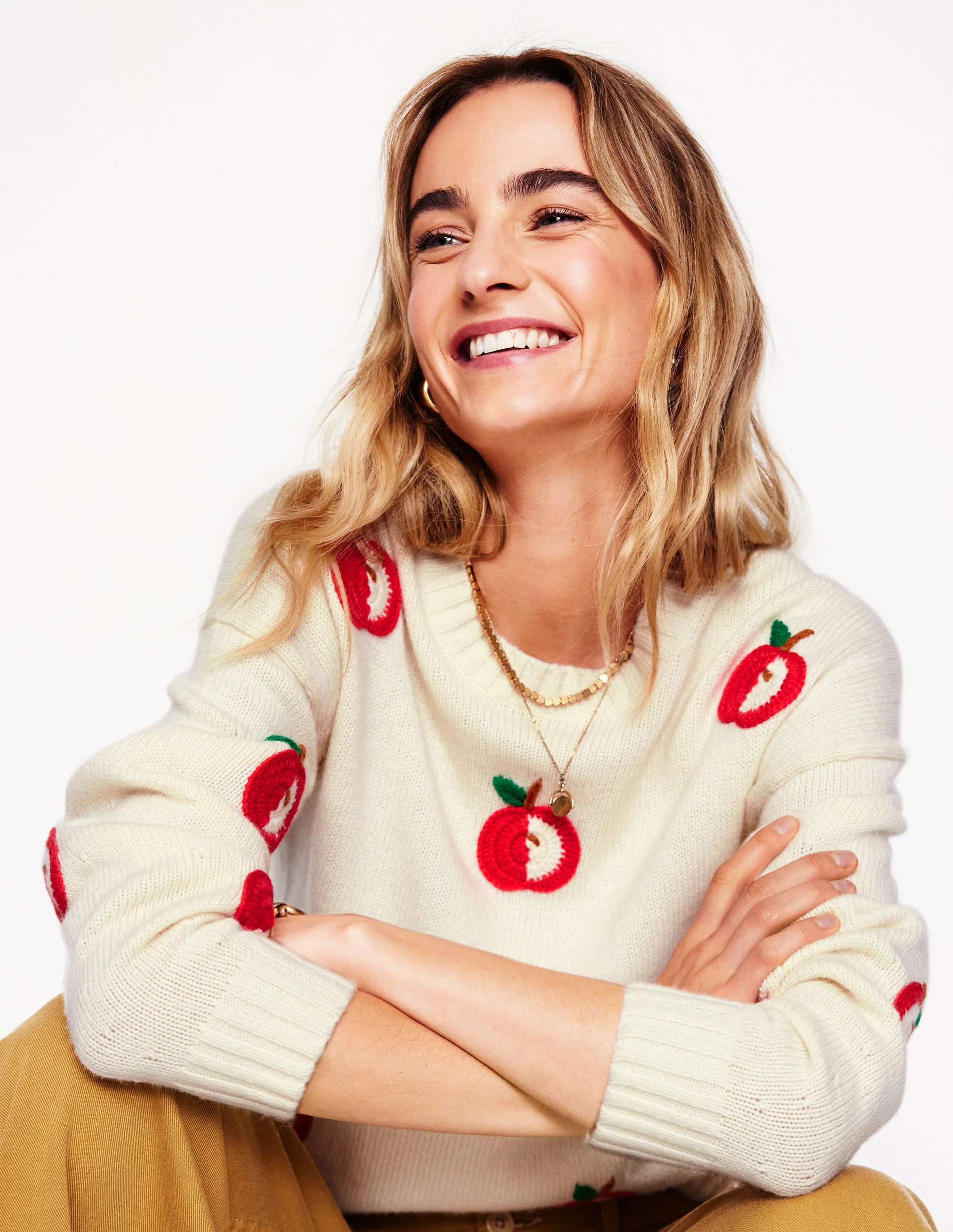 Novelty Embroidered Sweater-Warm Ivory, Apples | Boden (US)