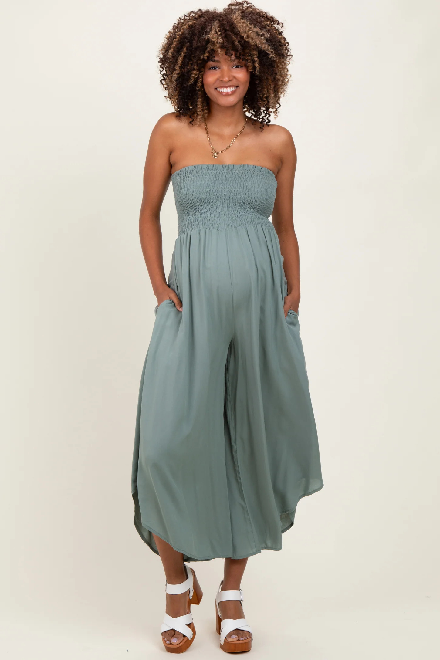 Light Olive Strapless Smocked Tulip Leg Maternity Jumpsuit | PinkBlush Maternity