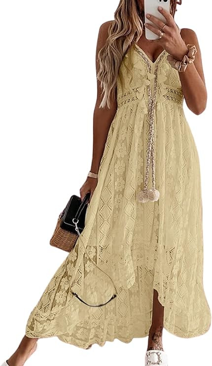 CUPSHE Women's Lace Up Dresses Boho Tassel V-Neck Flare Ruffle Beach | Amazon (US)
