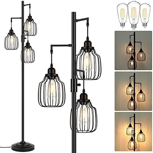 Dimmable Industrial Floor Lamp with 3 LED Edsion Bulbs, Farmhouse Tall Standing Lamp for Living R... | Amazon (US)