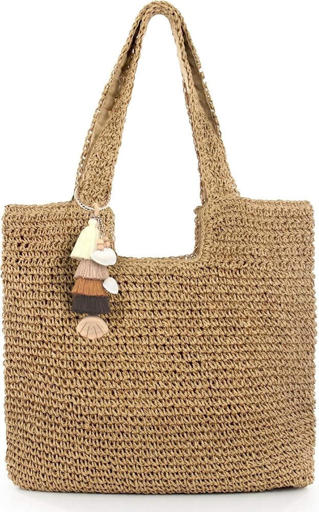 Straw Beach Tote Bag with Tassel Hat Clip for Travel Vocation, Lightweight Raffia Summer Shoulder... | Amazon (US)