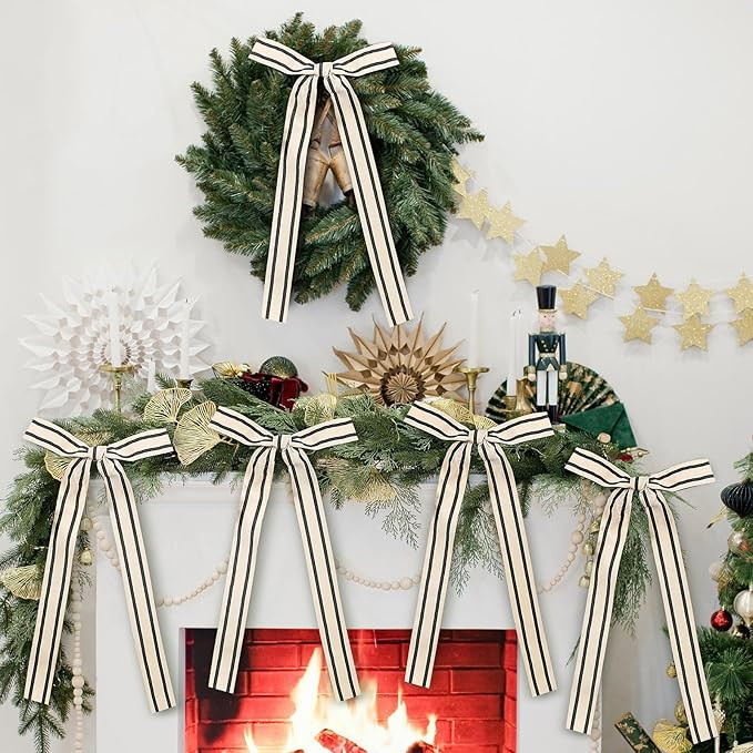 12 Pcs Natural Cotton Christmas Ribbon Bows 9x16 Inch Ivory Black Stripes Ribbon Bows Christmas T... | Amazon (US)