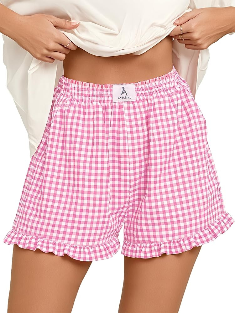 ANRABESS Boxer Shorts for Women,Gingham Plaid Elastic Waist Ruffle,Perfect for Lounge,Pajama&Slee... | Amazon (US)
