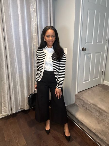  When wearing a striped sweater to the office, opt for a classic colors  like black and white for a polished look. Stick to neutral or muted stripes for a professional vibe, and balance the bold pattern with solid-colored bottoms such as tailored trousers or culottes. Complete the outfit with sophisticated classic black heels to elevate your office style. ✨

#LTKstyletip #LTKworkwear