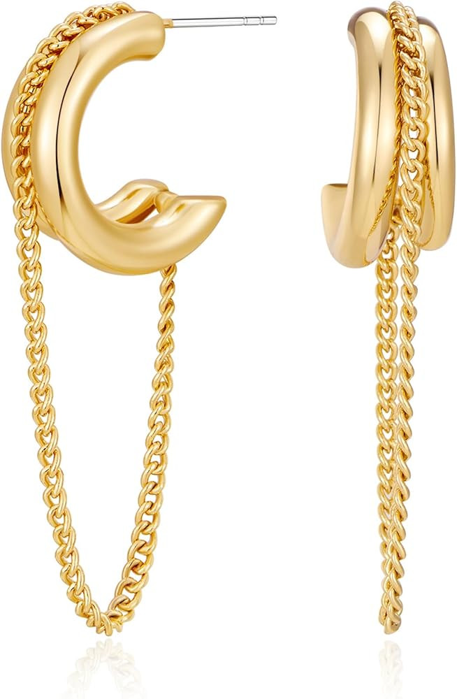 Tassel Chain Hoop Earrings for Women Trendy Two Tone Dangling Chain Earrings Hypoallergenic Fashi... | Amazon (US)