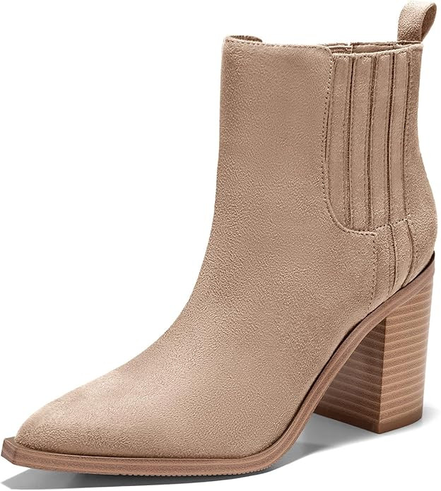 Imily Bela Womens Ankle Boots Pointed Toe Chunky Stacked Mid Heeled Faux Suede Leather Booties | Amazon (US)