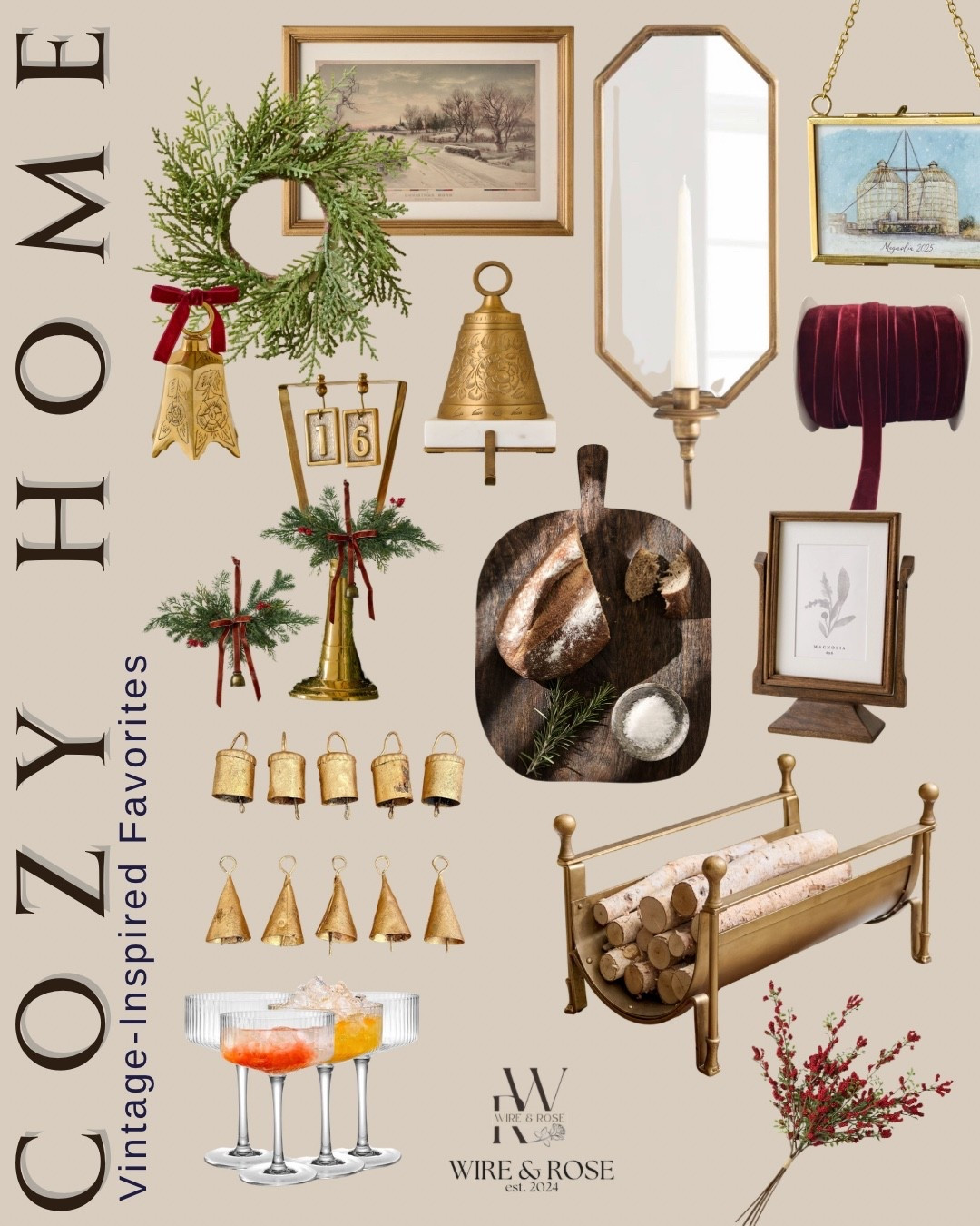 Rounding up all of my favorite pieces that make up a cozy Christmas. home 

🏷️ gold vintage bell , vintage cutting board , ribbed coupe glasses , log holder , mirrored candle  sconce , burgundy velvet ribbon , mini wreaths , Christmas art , Christmas frame ornament , red berry floral stems , Christmas swag 

#LTKHoliday #LTKCyberWeek #LTKHome