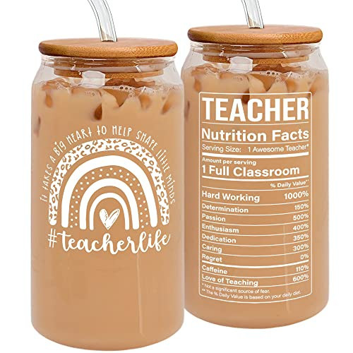 Teacher Appreciation Gifts for Women - Birthday, Valentines, Back To School, Thank You Gifts for Teachers Women - Preschool Daycare Teaching Glass Cup with Lid, Straw & Brush - 16 Oz Can Glass | Amazon (US)