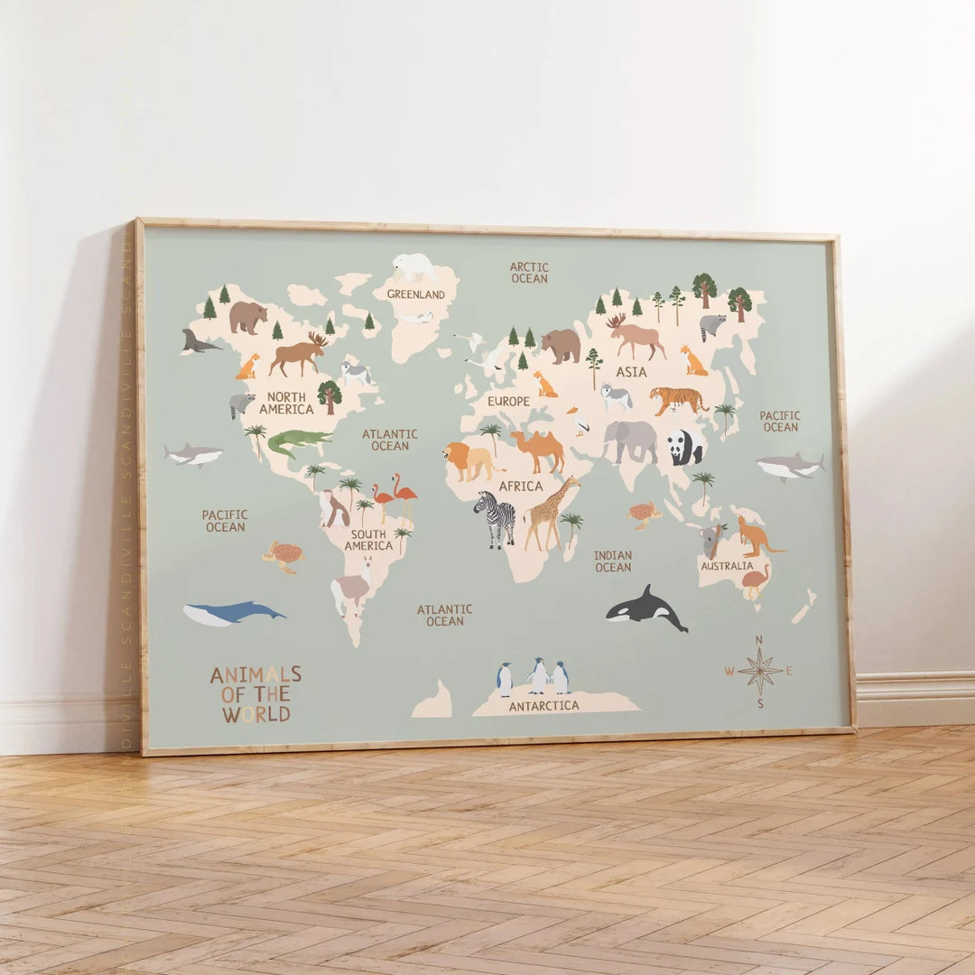 Kids World Map for Children Animal World Map Kids Wall Art - Etsy | Etsy (US)