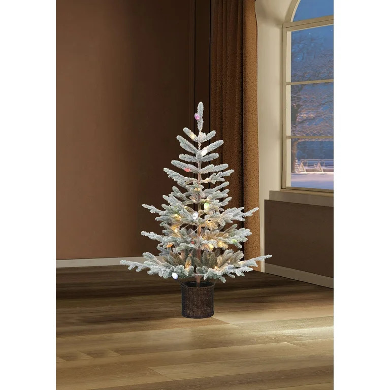 4.5' Pre-Lit Fir Green Flocked Artificial Potted Christmas Tree with Color Caps and Shimmer Glo L... | Walmart (US)