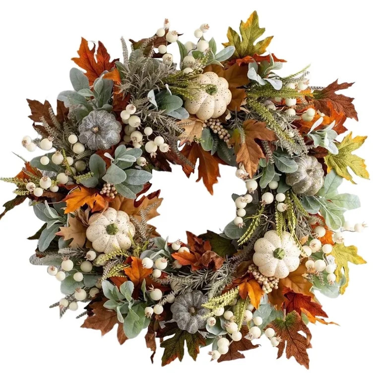 Fall Wreath for Front Door,20\u201c  Autumn Wreath with Maple Leaf,Pumpkins and White Berries,Art... | Walmart (US)