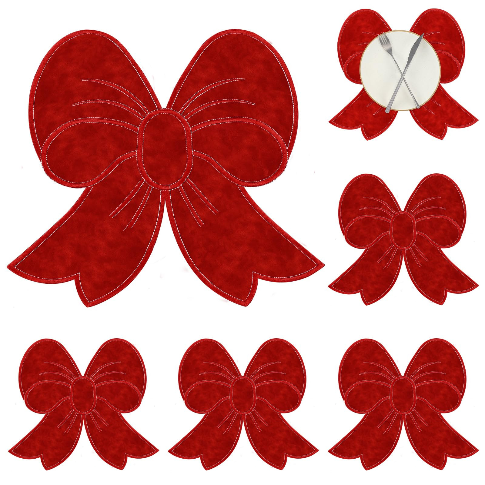 Christmas Placemats Set of 6 Velvet Red Bow Placemats Cute Modern Christmas Table Mats Neutral St... | Amazon (US)