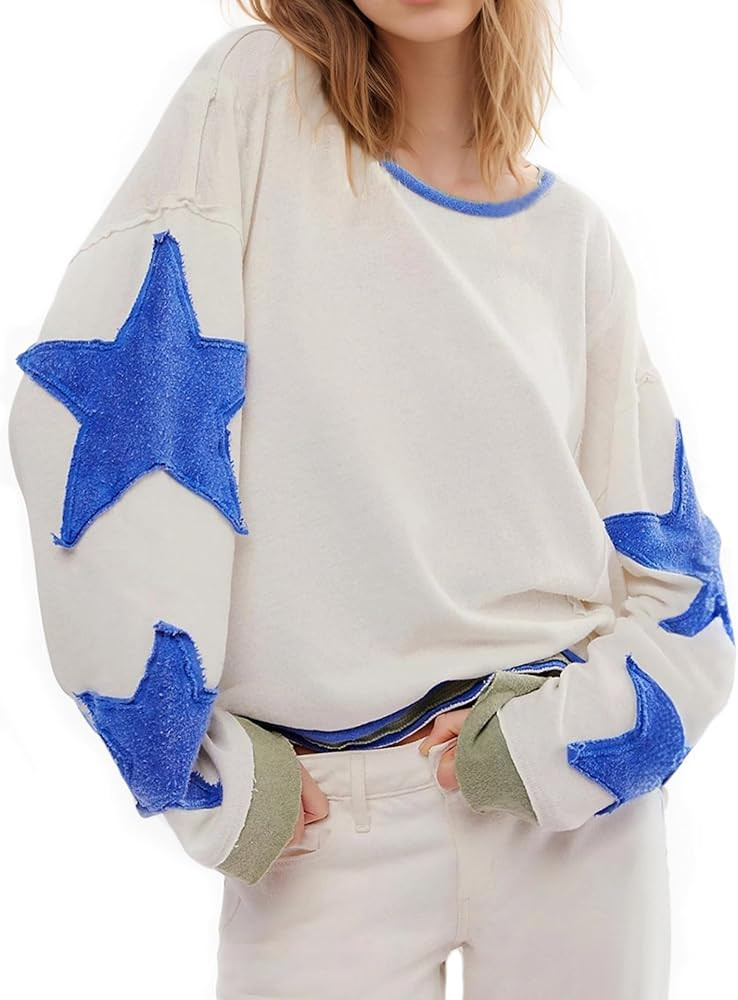Women Cotton Oversized Shirts Lightweight Long Sleeve Crewneck Star Pullover Sweatshirt Hoodies 2... | Amazon (US)