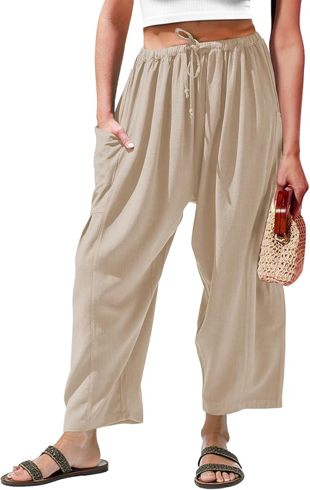 Duyang Women Linen Wide Leg Pants Casual Summer Palazzo Pants Beach Vacation Outfits Flowy Loose ... | Amazon (US)