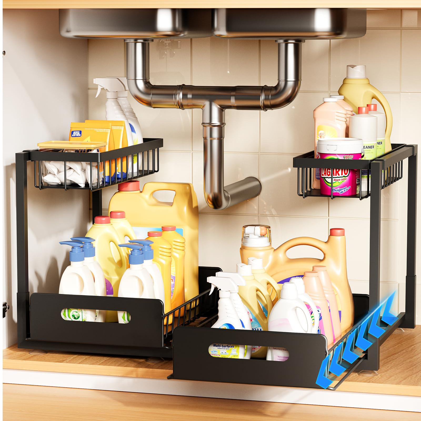 Under Sink Organizer 2 Pack,Metal Pull Out Cabinet Organizer Shelf,Kitchen Bathroom Organizers an... | Amazon (US)