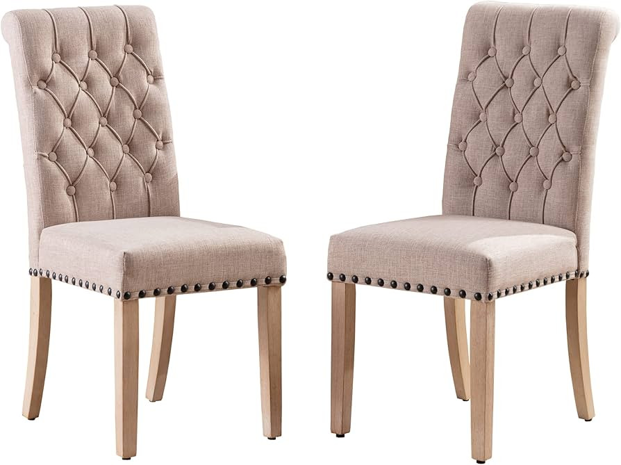 FUNESI Linen Dining Chairs,Thick Tufted Upholstery and Antique Brass Nail Trim Around Seat for Ki... | Amazon (US)