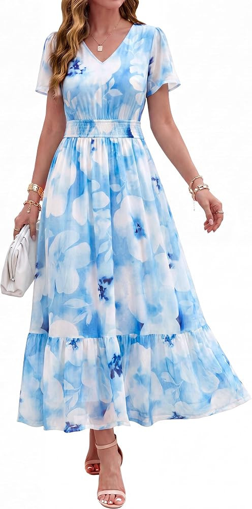 Simplee Womens Summer Floral Maxi Dress Boho Wedding Guest Long Dress Short Sleeve V Neck Vacatio... | Amazon (US)