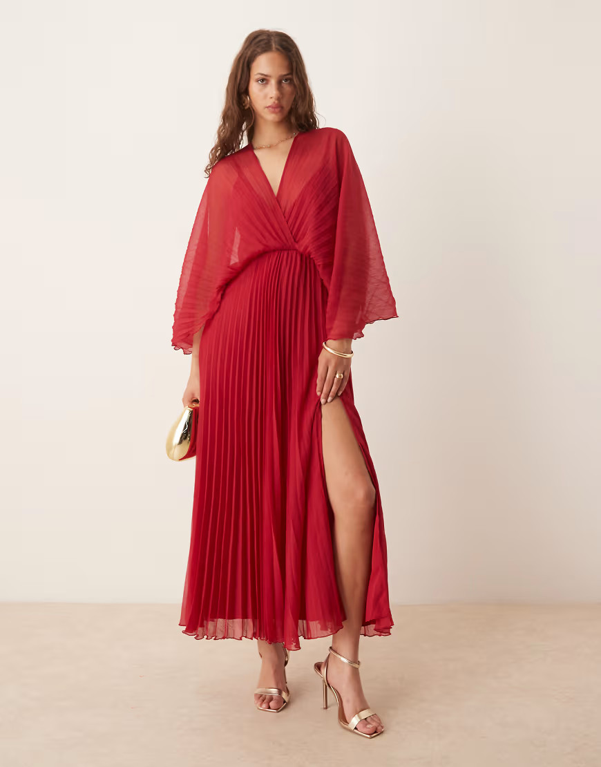 ASOS DESIGN cape detail pleated maxi dress in cherry-Red | ASOS (Global)