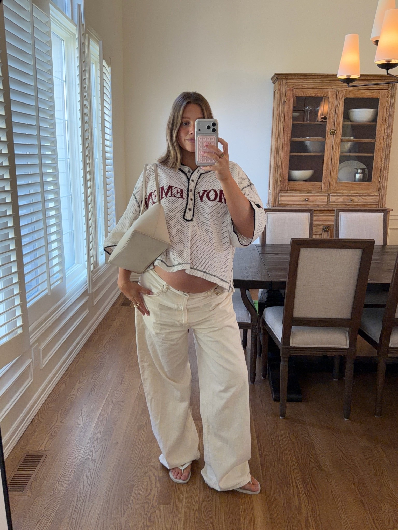 Size medium in free people jersey shirt I love that it’s sheer but not see through I just wear a bra under it nothing else. Jeans size 31 I love these low rise Agolde jeans - if not pregnant size down one size! 

#bresheppard #bumpstyle #springstyle #pregnancy #thirdtrimester #shorthair #allwhite #havianna