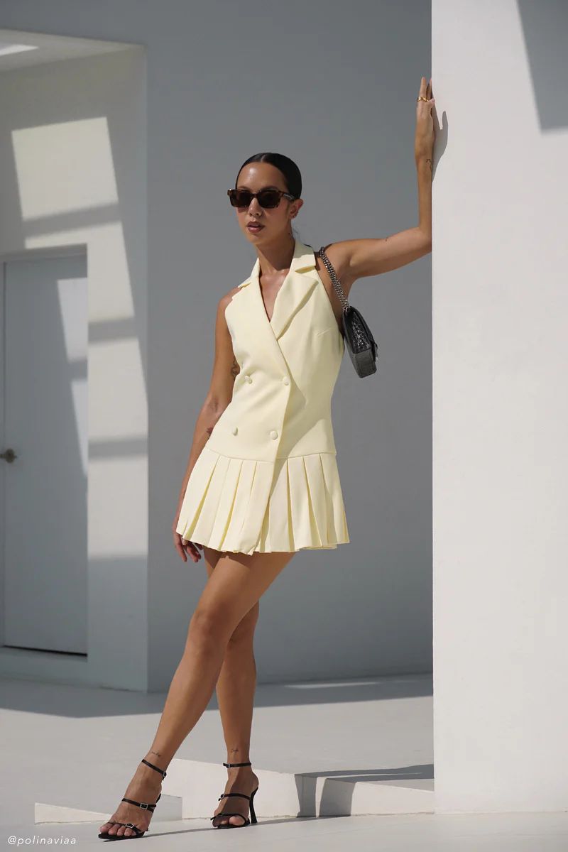 Antoinette Pleated Mini Dress - Lemon | MESHKI US