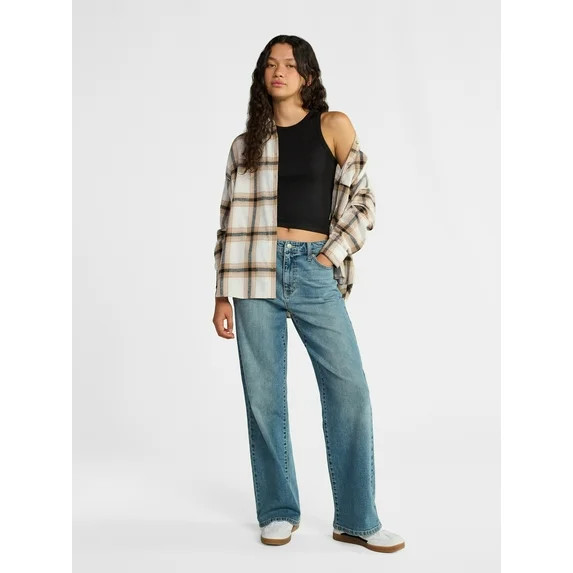 No Boundaries Slouchy Flannel Shirt with Side Pockets, Women's | Walmart (US)