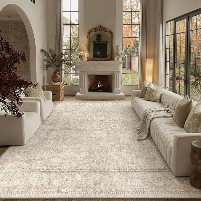 8x10 Beige Living Room Area Rug Vintage Washable Non Slip Indoor Carpet Distressed Low Pile Soft ... | Amazon (US)