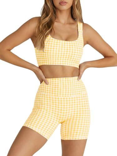Womens Workout Gingham 2 Piece Outfits Padded Open Back Crop Tank High Waist Sports Shorts Sets Y... | Amazon (US)