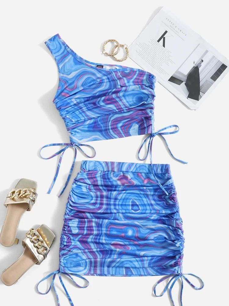 SHEIN Splash Print One Shoulder Knot Top & Skirt Set | SHEIN